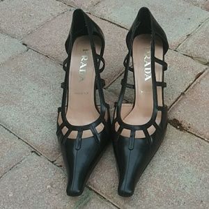 Prada Black Cutout Leather T-Strap Pumps